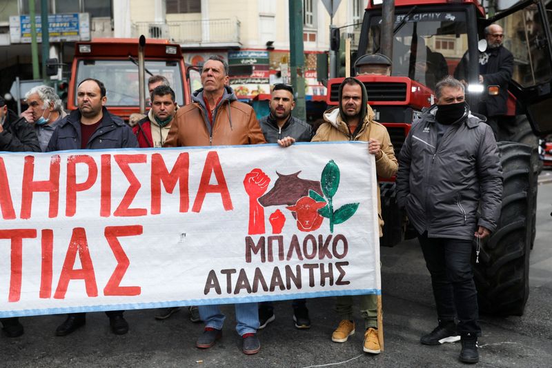 Greek farmers on tractors protest 