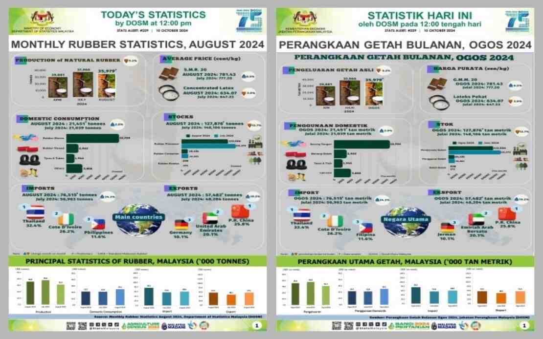 Malaysia's Natural Rubber Production Slid 5.2 Pct In August 2024 - DOSM